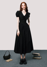 French V-Neck Puff Sleeve Dress